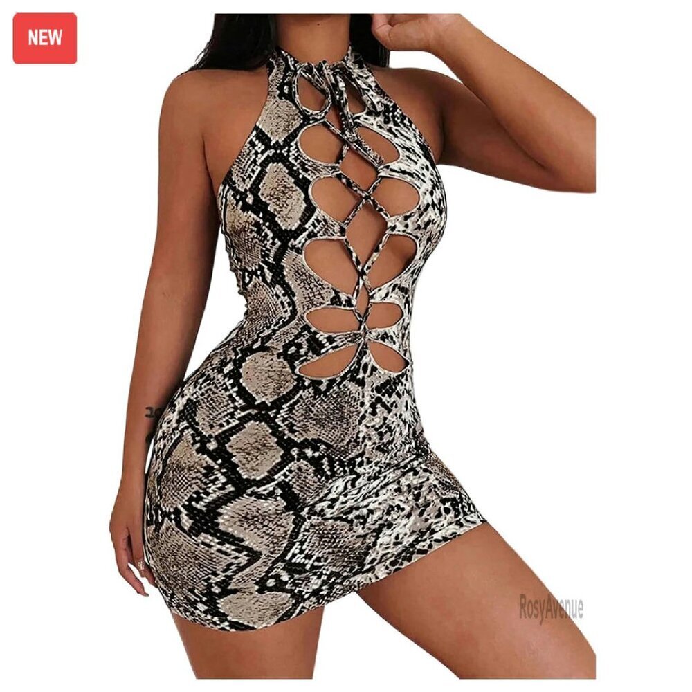 Sexy Bodycon Halter Mini Dress Cut Out Backless Snake Print Party